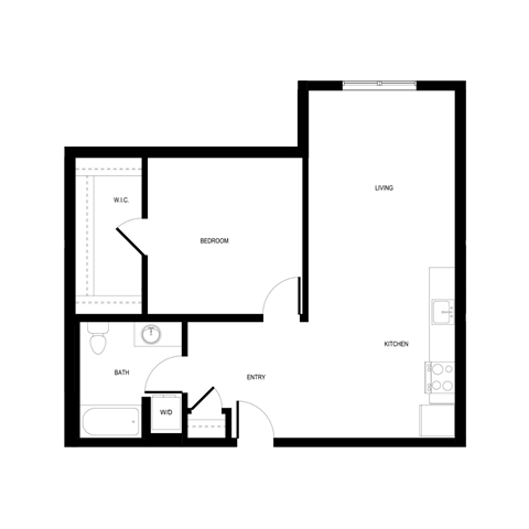 Floor plan for 1 bed, 1 bath, 805 sqft